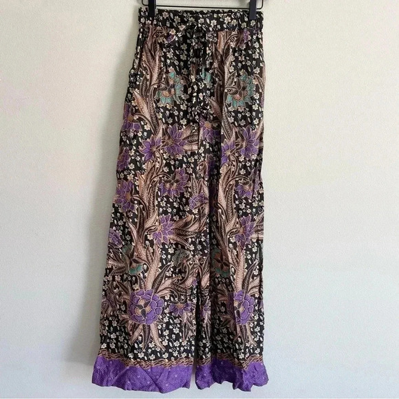 Warm Pickford Wide Leg Pants Boho Floral Paisely Black Purple Tan 100% Cotton 0 - Picture 3 of 12